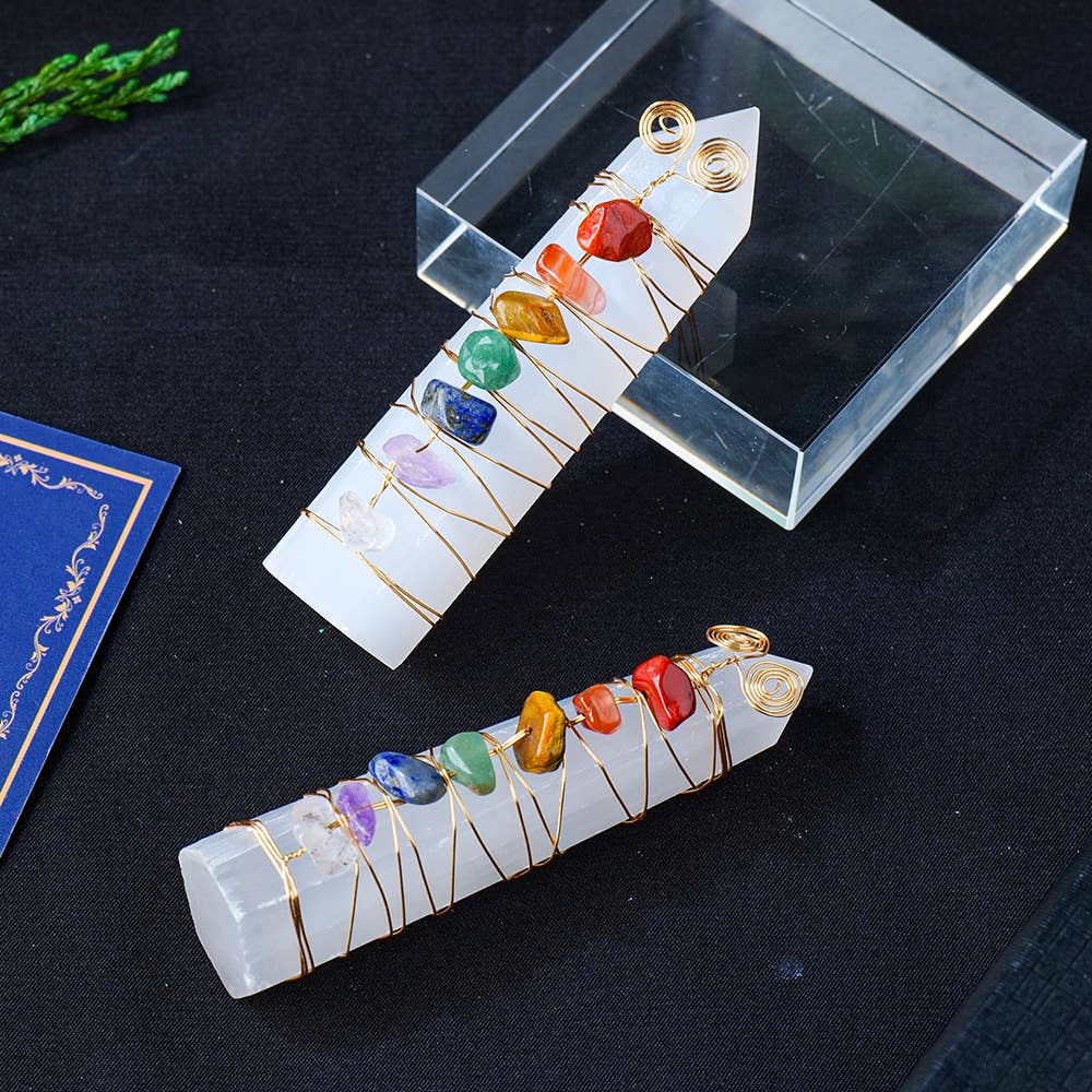 Rainbow Chakra Selenite Crystal Point