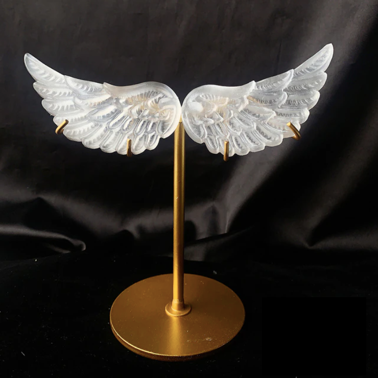 Selenite Angel Wings Sculpture with metal stand