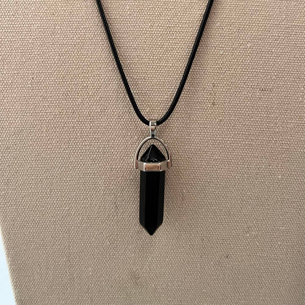 Double Point Pencil Pendant, Black String: Black Obsidian