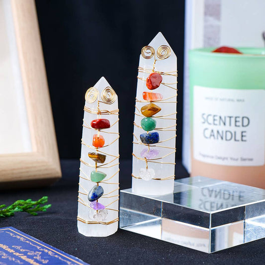 Rainbow Chakra Selenite Crystal Point