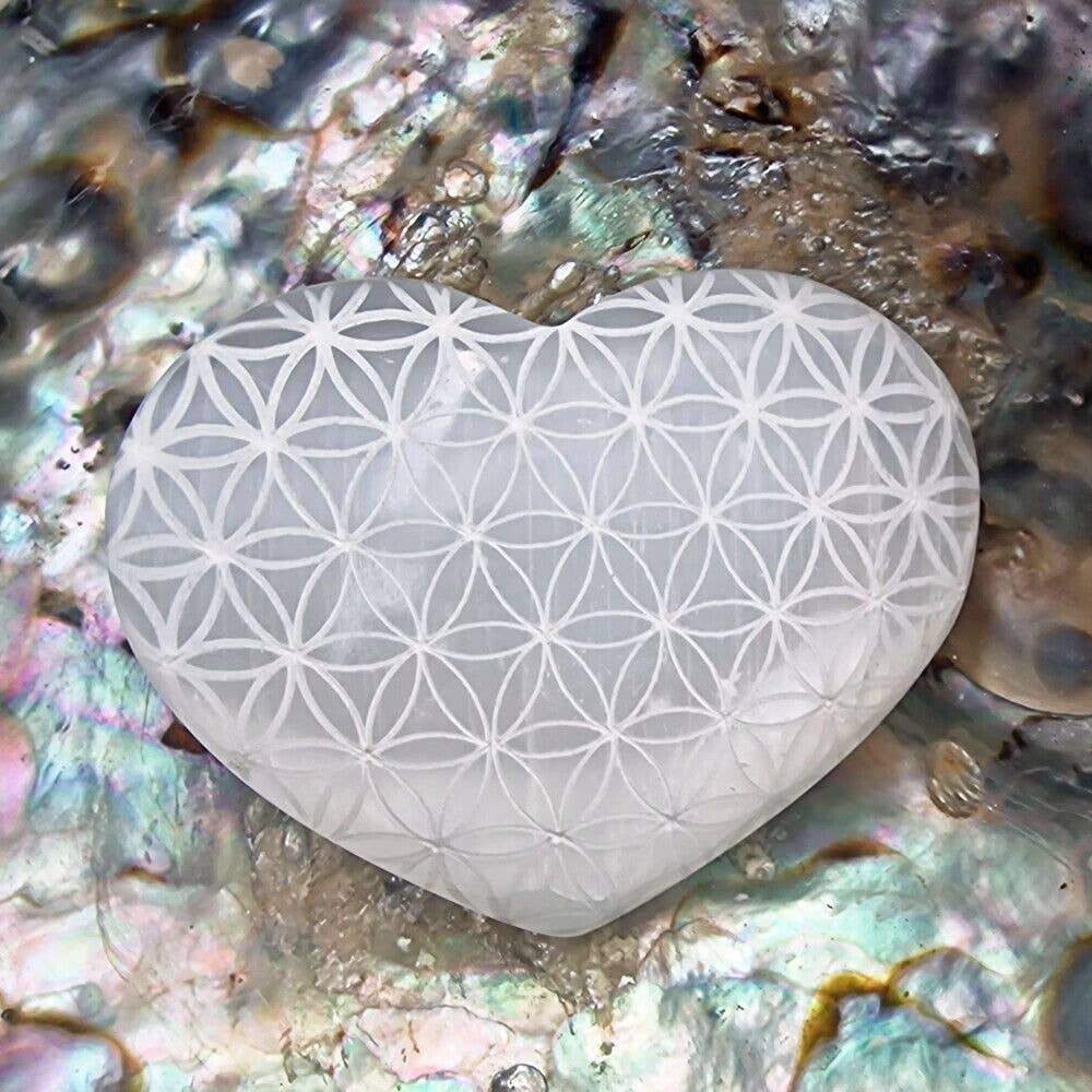 Carved Selenite Heart with Flower of Life design