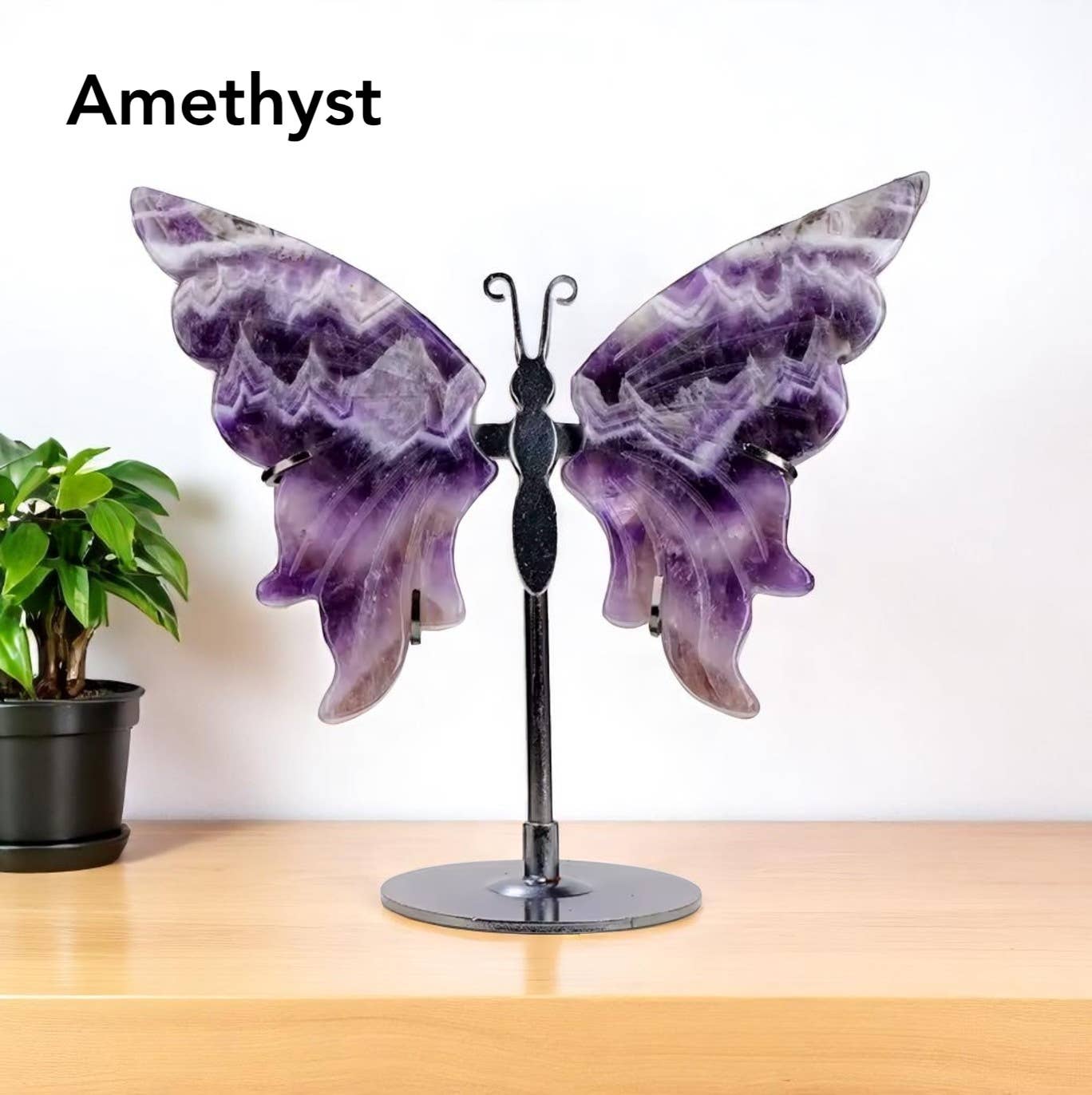 Amethyst Butterfly Wings Carving with metal stand