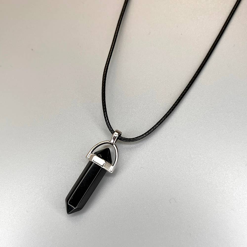 Double Point Pencil Pendant, Black String: Black Obsidian