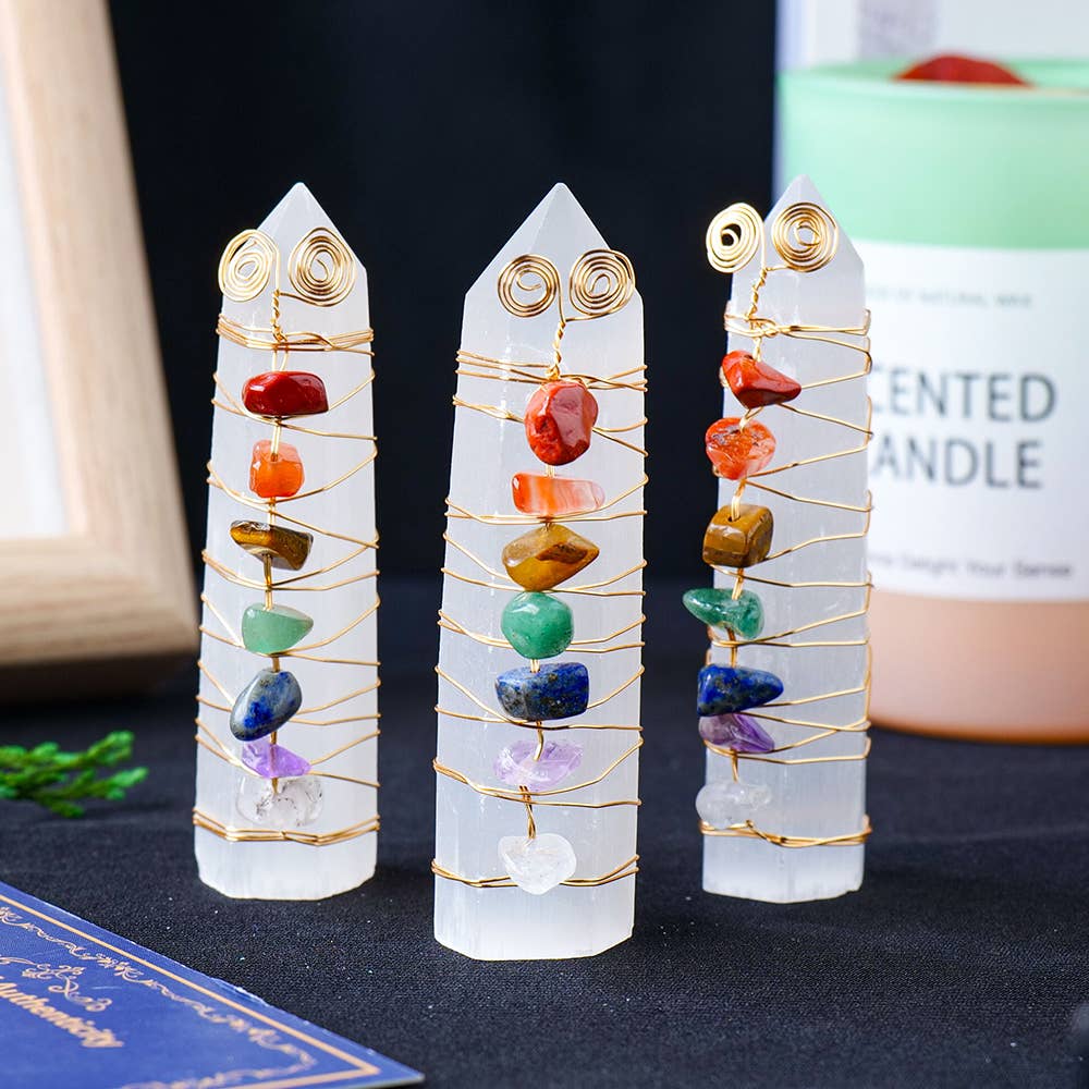 Rainbow Chakra Selenite Crystal Point