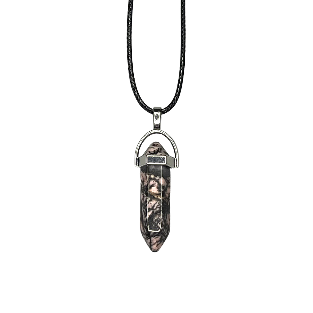 Double Point Pendant, Black String: Rhodonite