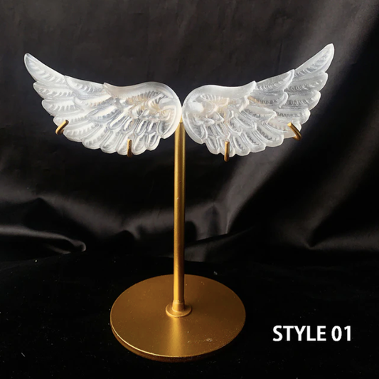 Selenite Angel Wings Sculpture with metal stand