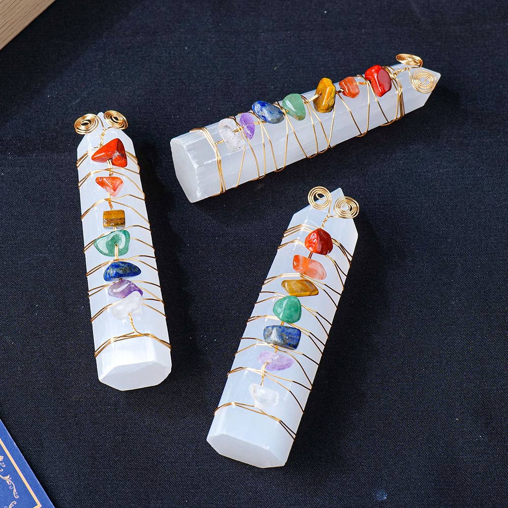 Rainbow Chakra Selenite Crystal Point