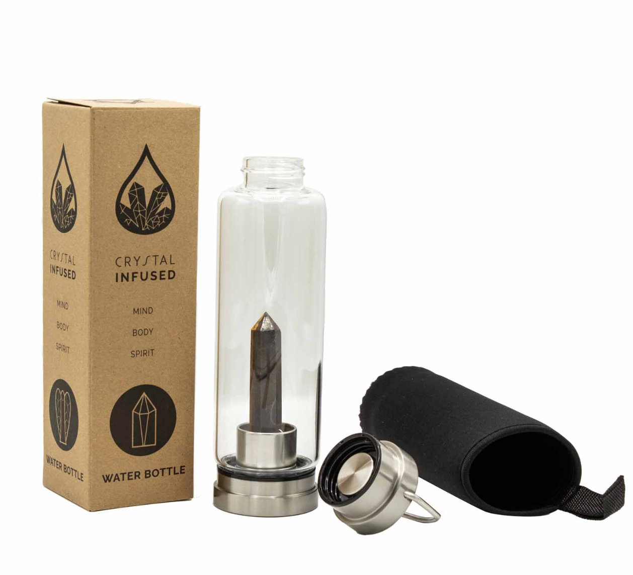 Crystal Infused Glass Water Bottle - Tigers Eye Obelisk