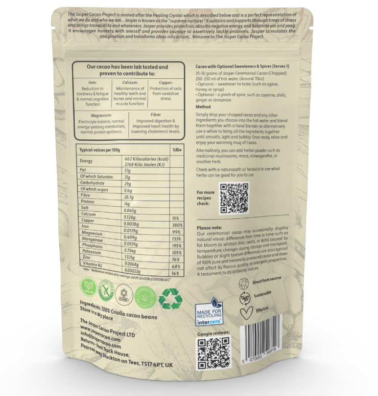 Jasper Cacao Ceremonial Cacao 100% Criollo Bean - 500g bag
