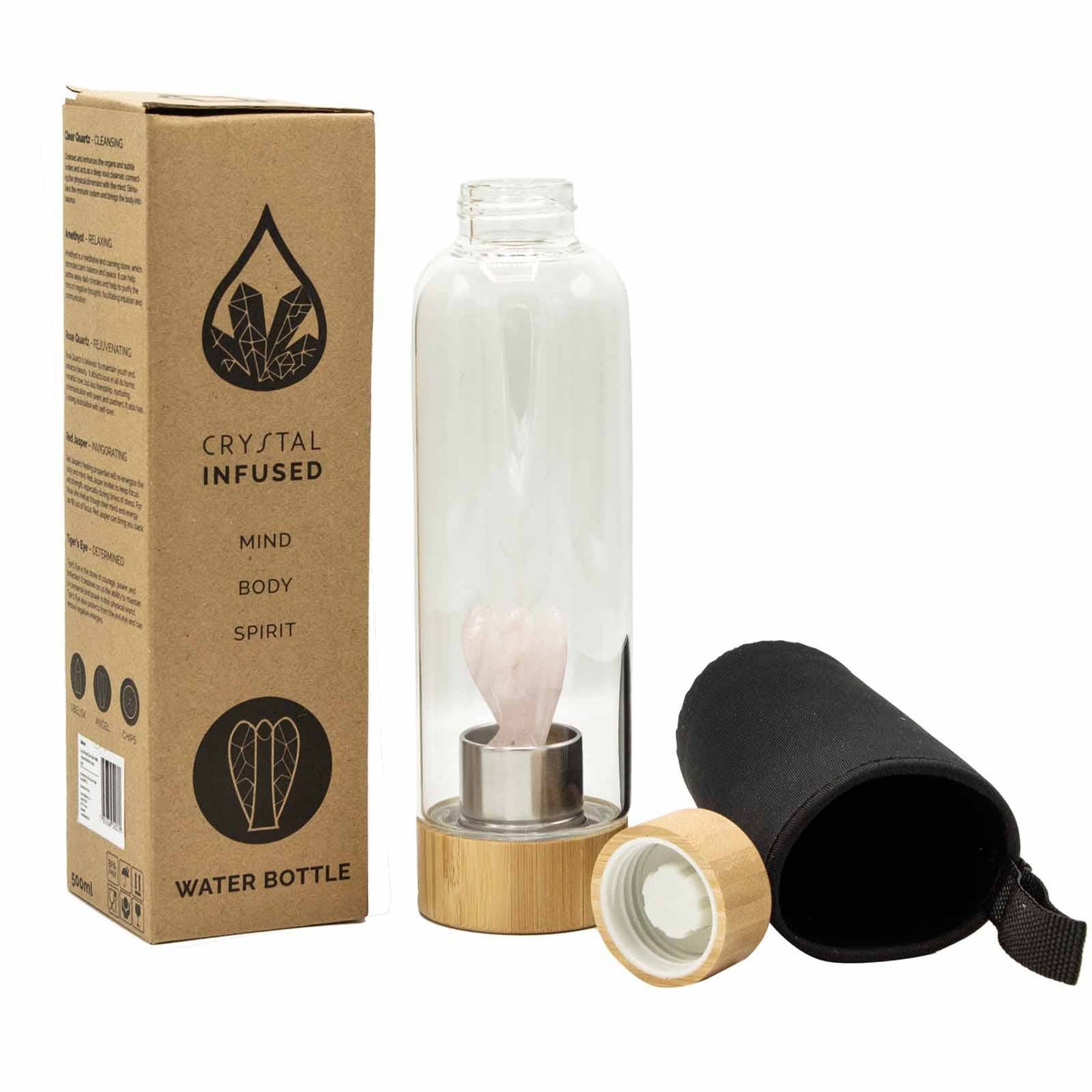 Glass and Bamboo water bottle- Rose Quartz Angel crystal