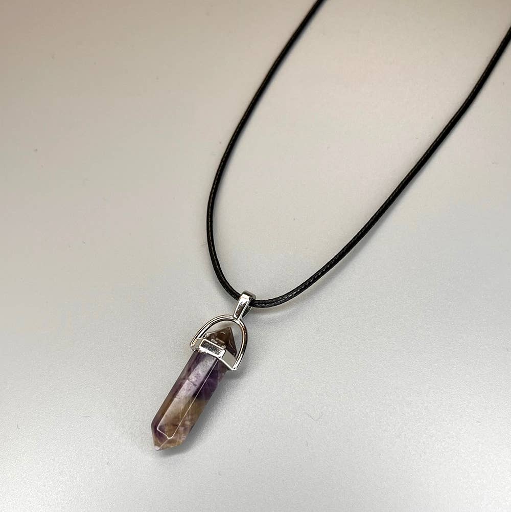 Double Point Pendant on Black String: Amethyst