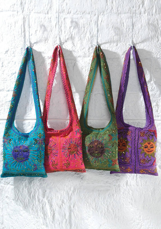Embroidered Indian Hippy Sun Shoulder Bag - Pink