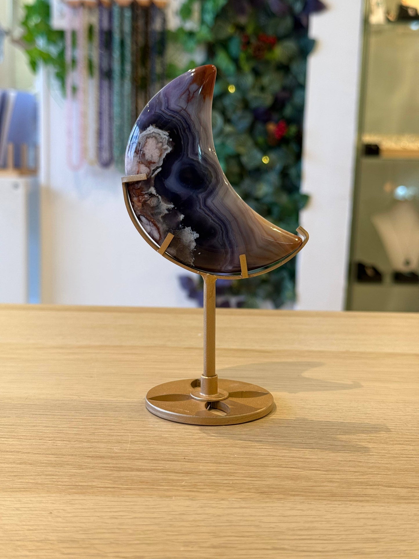 Blue Flower Agate Moon on Stand - 216g - 15.5cm x 8.5cm