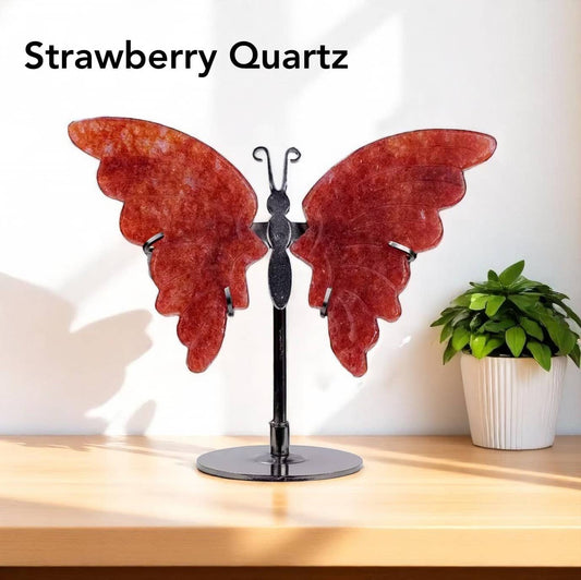 Elegant Crystal Butterfly Wings Stand: Strawberry Quartz