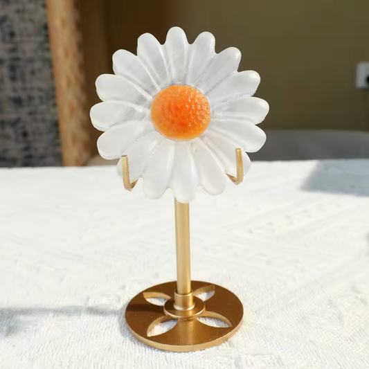 White Selenite Crystal Flower Carving with metal stand