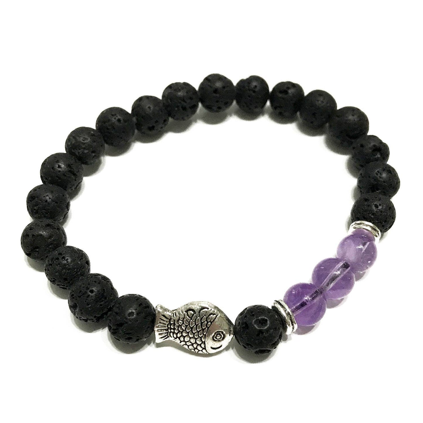 Lava Stone and Amethyst Bracelet - Fish bead