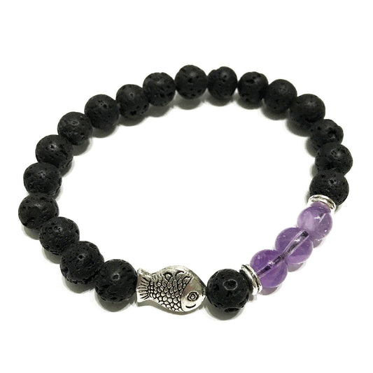 Lava Stone and Amethyst Bracelet - Fish bead