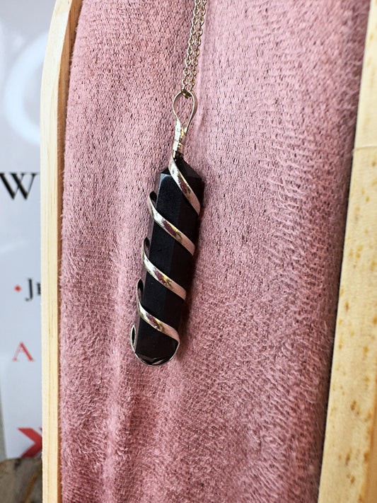 Black Tourmaline wired double terminated point & 20" Sterling Silver chain