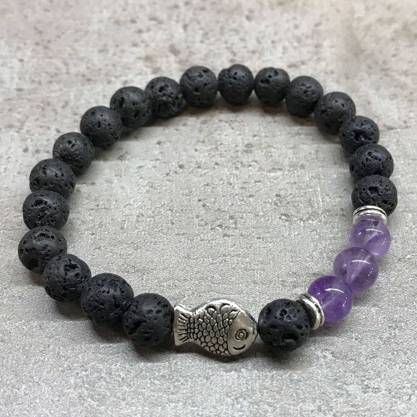 Lava Stone and Amethyst Bracelet - Fish bead