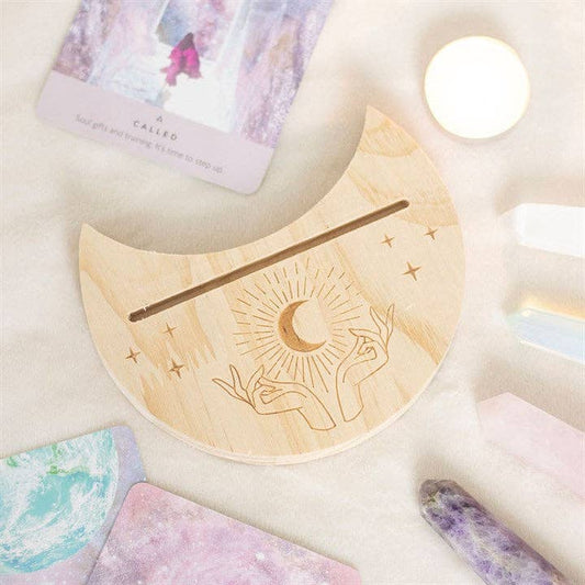Wooden Natural Mystical Hands Crescent Moon Tarot Card Stand