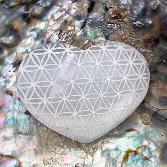 Carved Selenite Heart with Flower of Life design