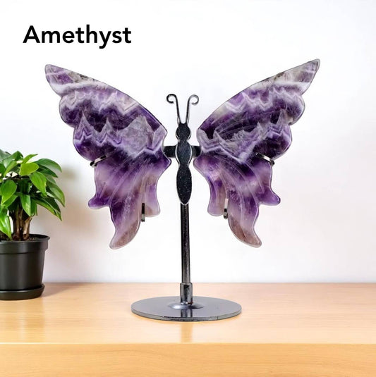 Amethyst Butterfly Wings Carving with metal stand