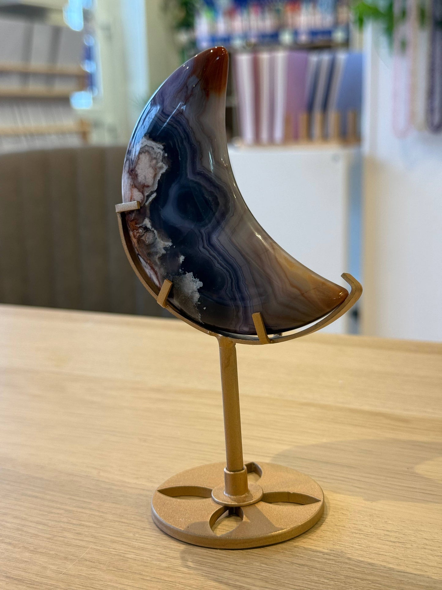 Blue Flower Agate Moon on Stand - 216g - 15.5cm x 8.5cm