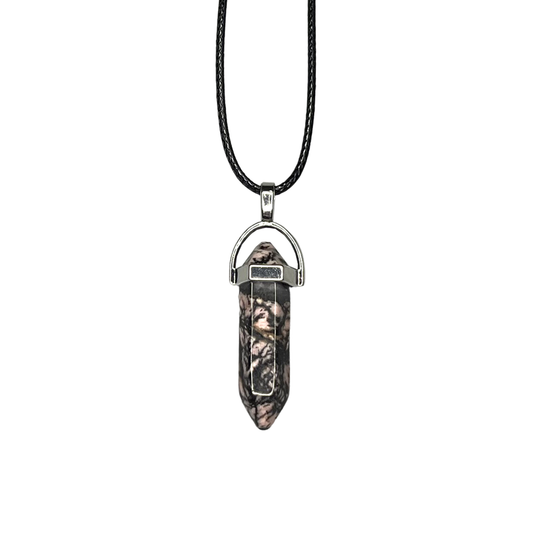 Double Point Pendant, Black String: Rhodonite