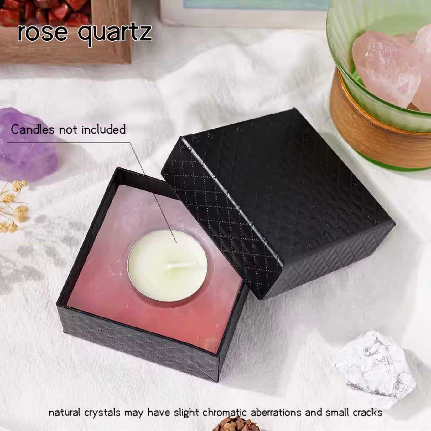 Square Crystal Raw Stone Candle Holder: Rose Quartz