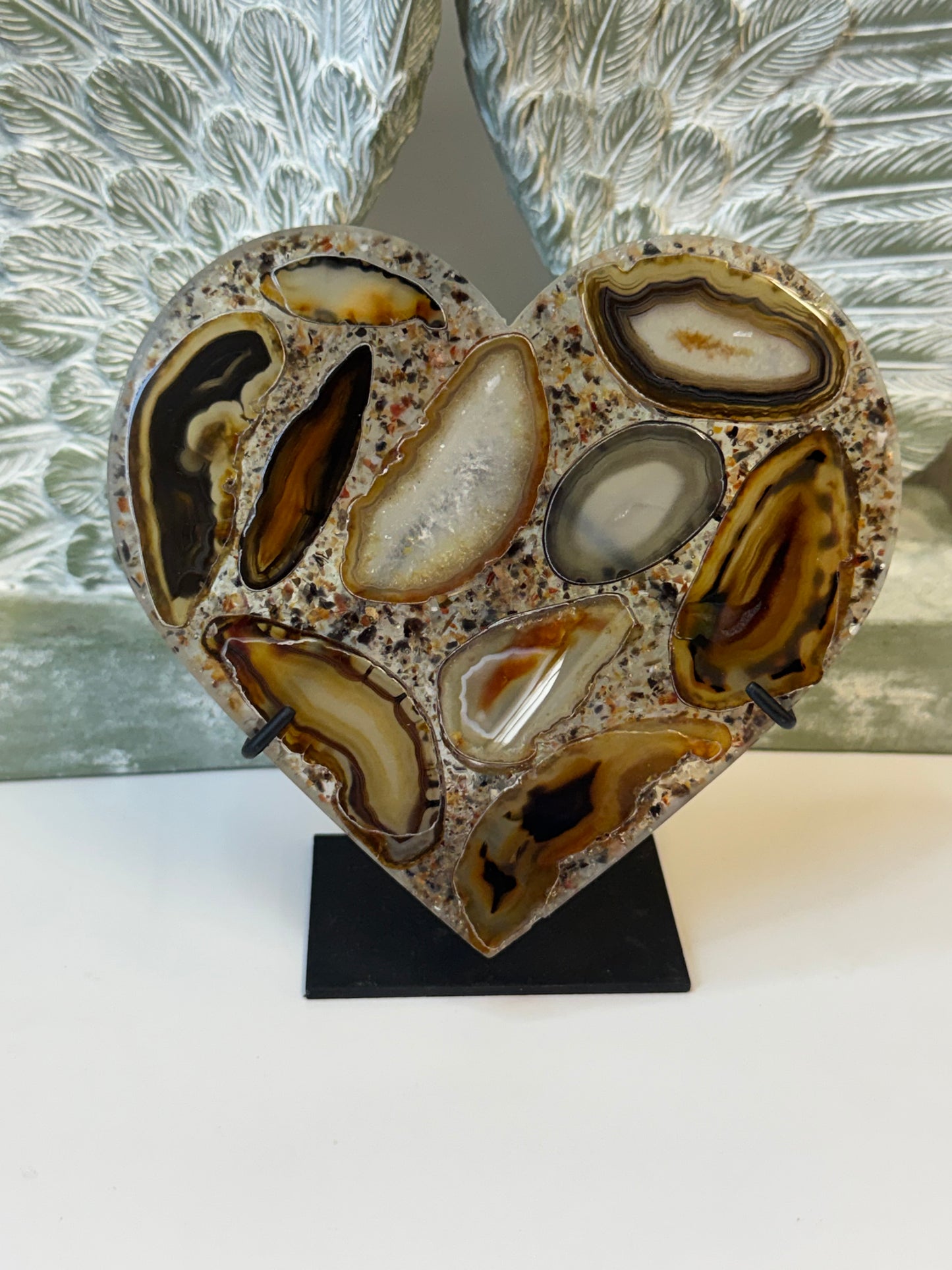 Agate slices set in resin heart display - with stand