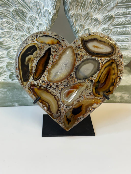 Agate slices set in resin heart display - with stand