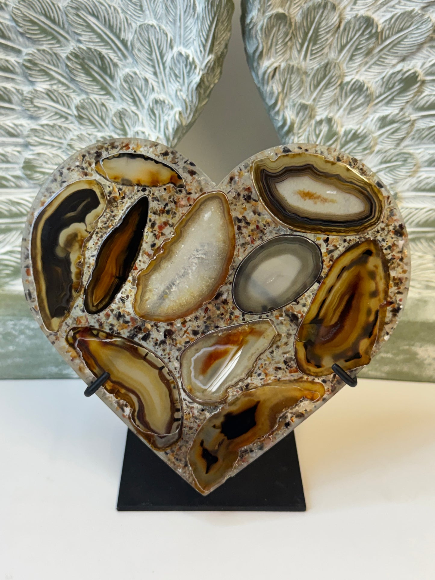 Agate slices set in resin heart display - with stand