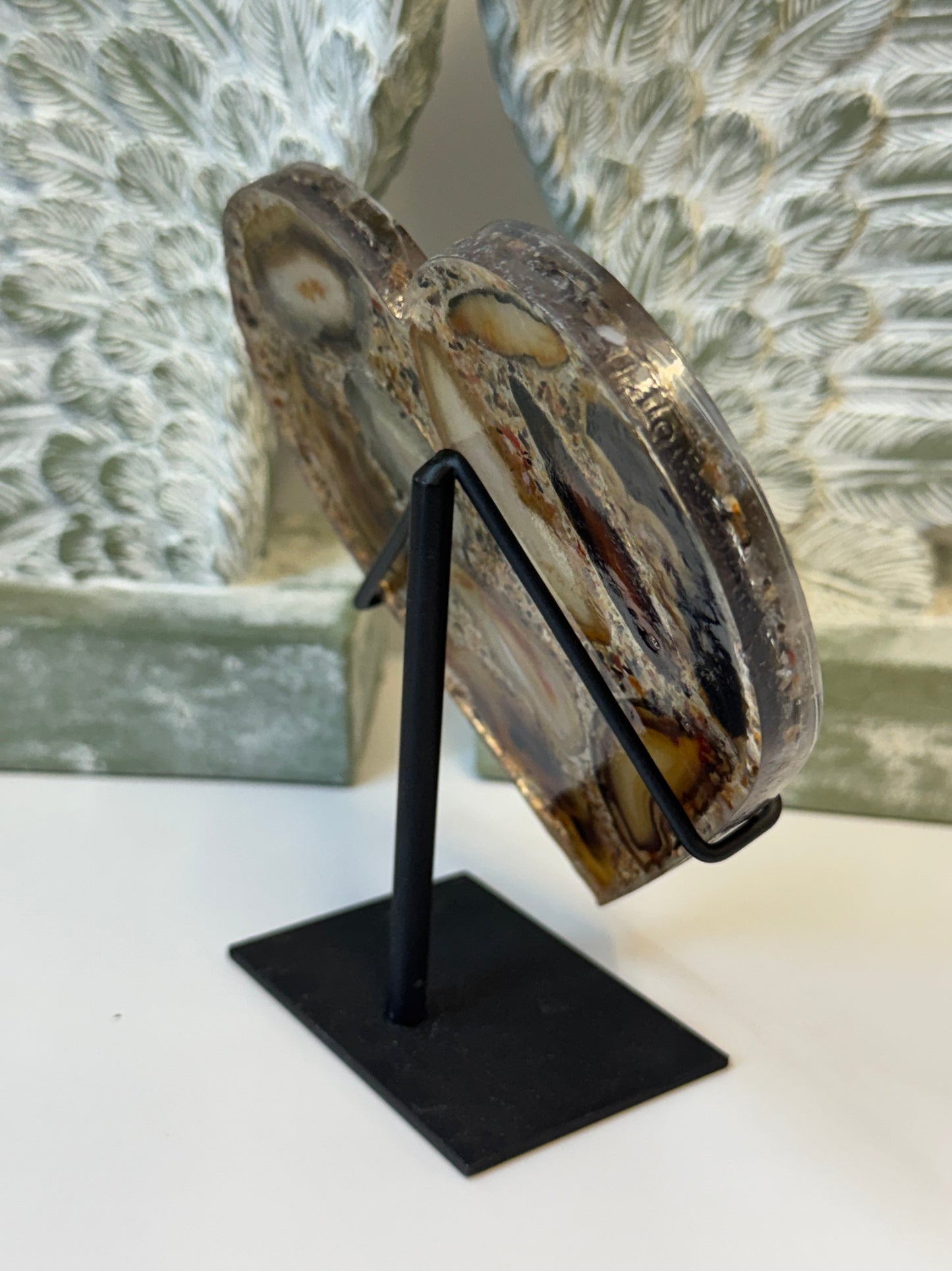 Agate slices set in resin heart display - with stand