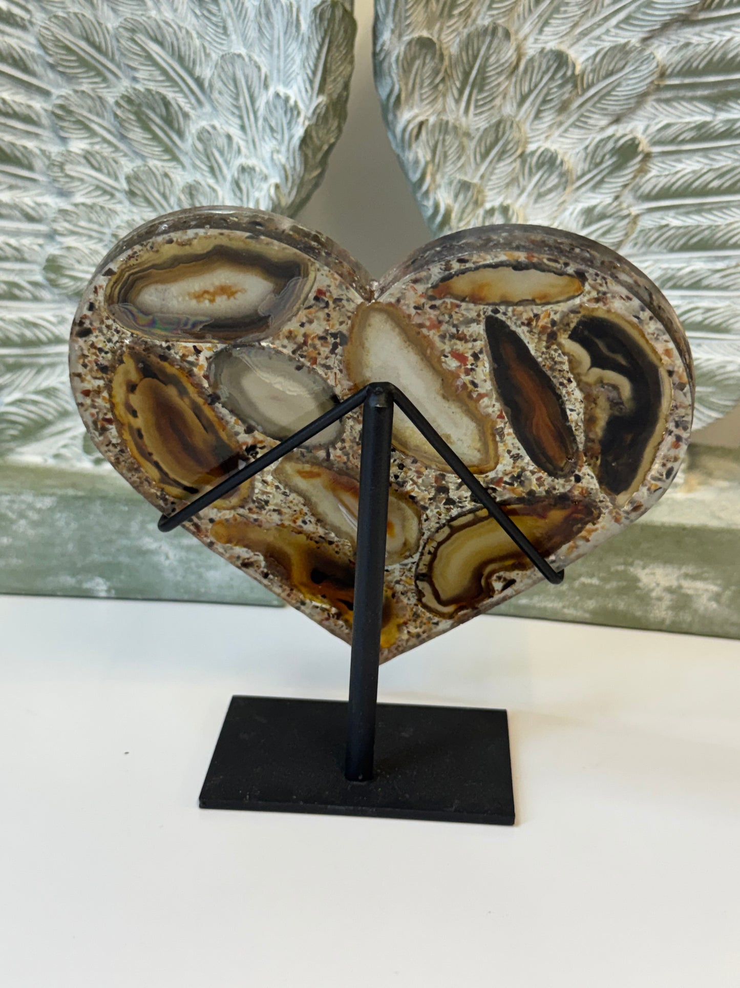 Agate slices set in resin heart display - with stand