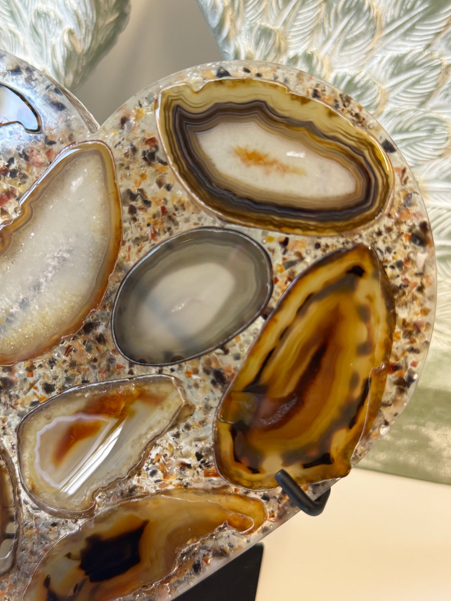 Agate slices set in resin heart display - with stand
