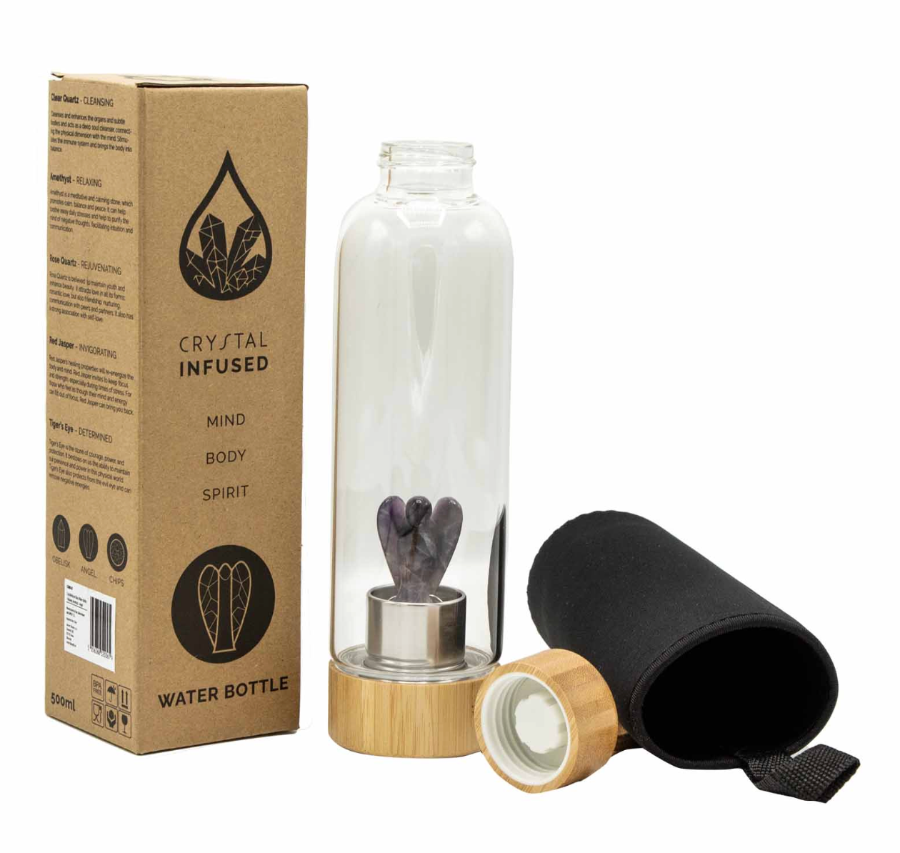 Crystal Infused Glass Water Bottle - Relaxing Amethyst - Angel