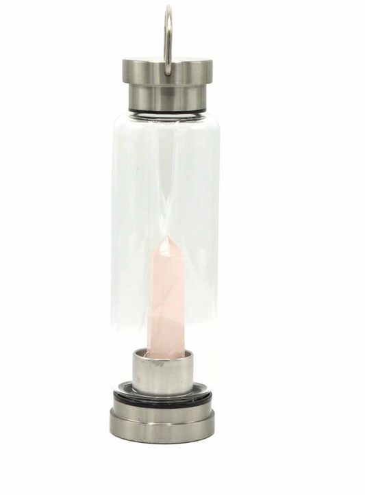Crystal Infused Glass Water Bottle - Rose Quartz Obelisk