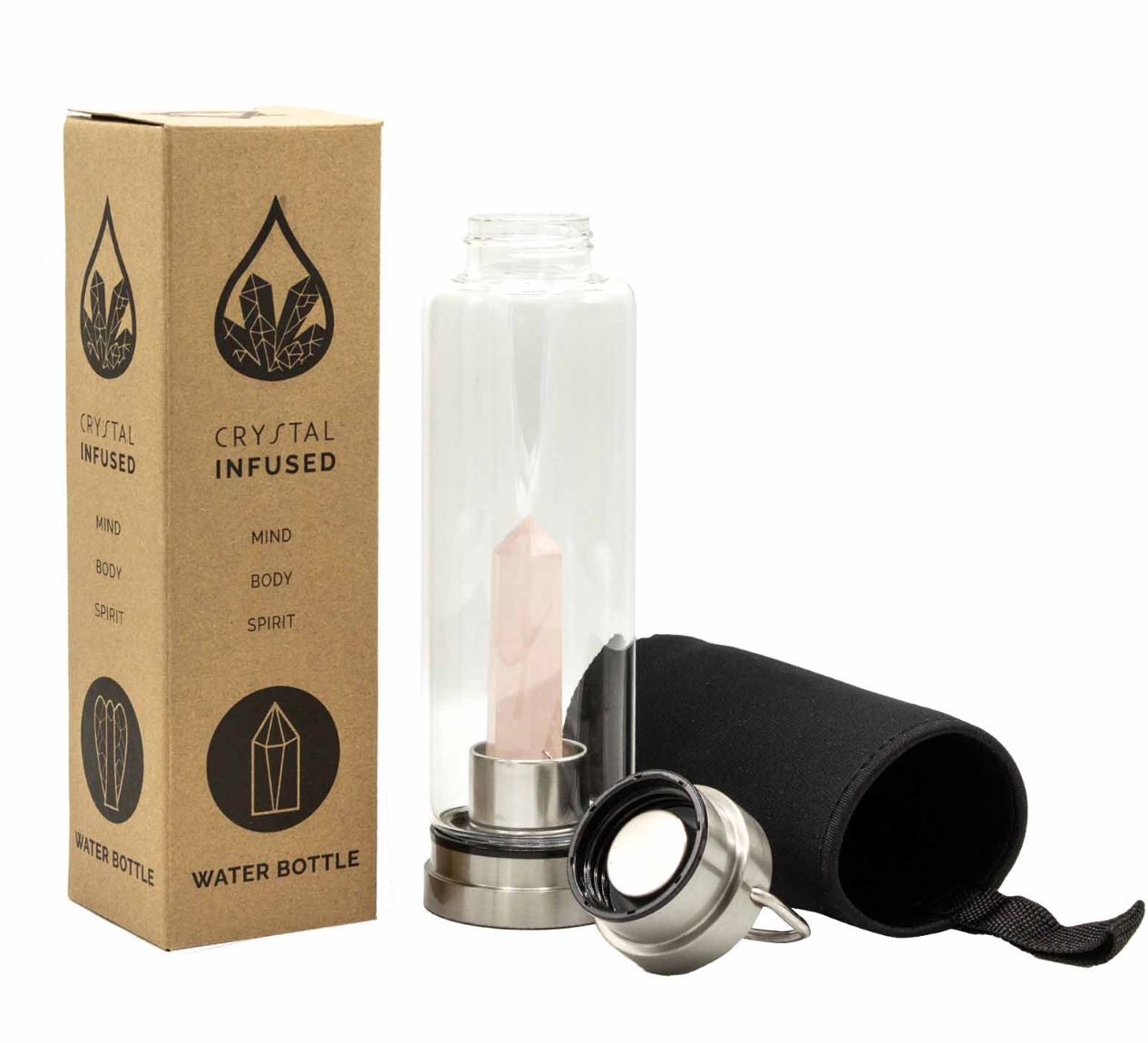 Crystal Infused Glass Water Bottle - Rose Quartz Obelisk