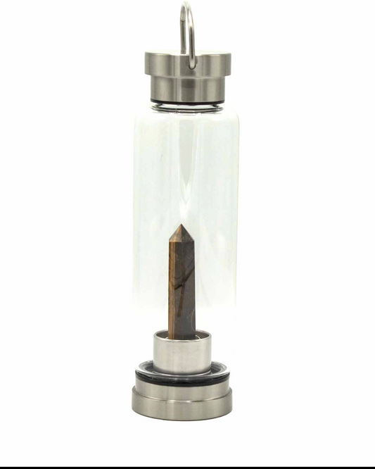 Crystal Infused Glass Water Bottle - Tigers Eye Obelisk