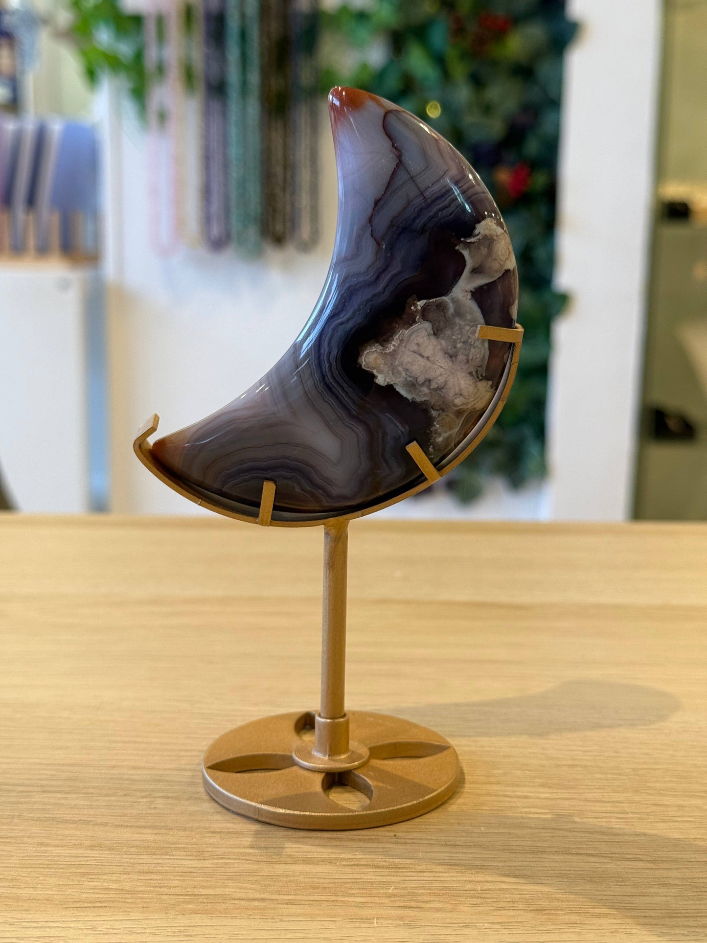 Blue Flower Agate Moon on Stand - 216g - 15.5cm x 8.5cm