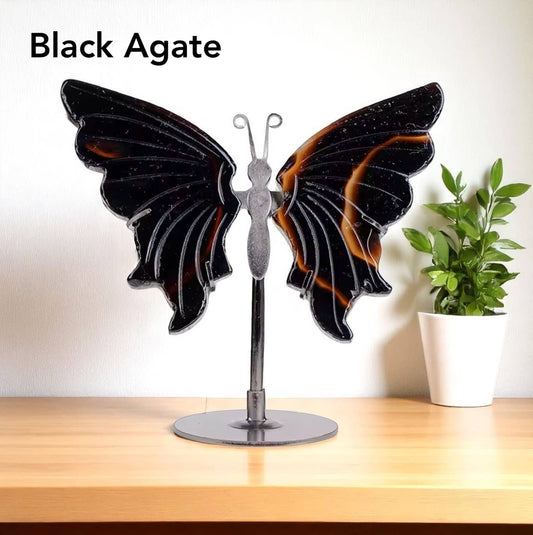 Elegant Crystal Butterfly Wings Stand: Black Agate