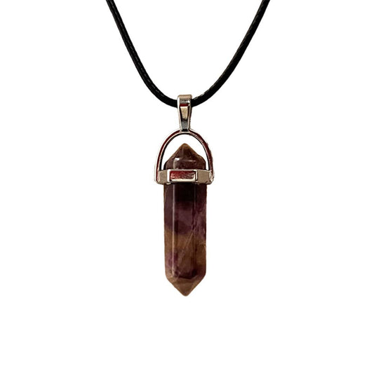 Double Point Pendant on Black String: Amethyst