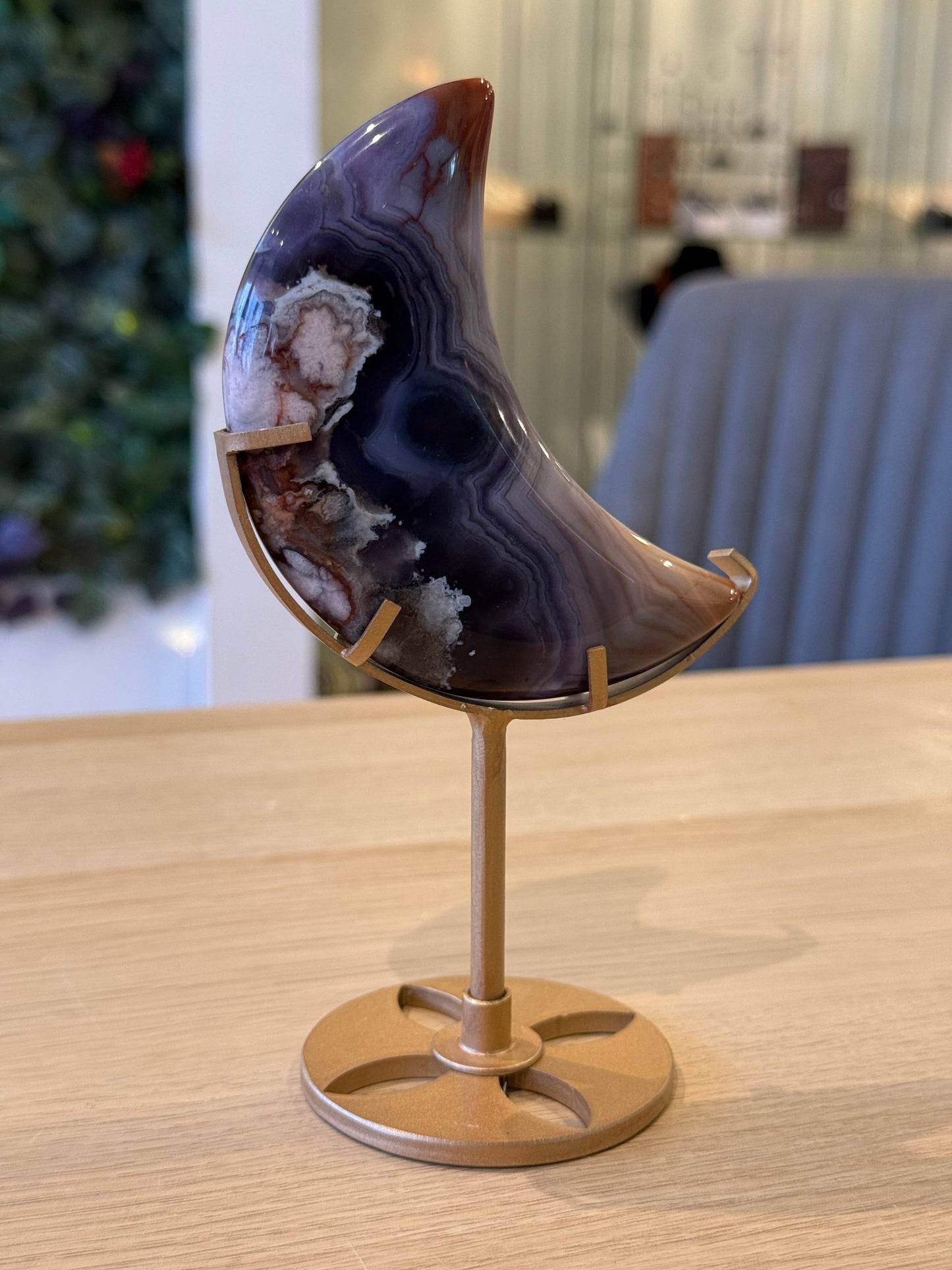 Blue Flower Agate Moon on Stand - 216g - 15.5cm x 8.5cm