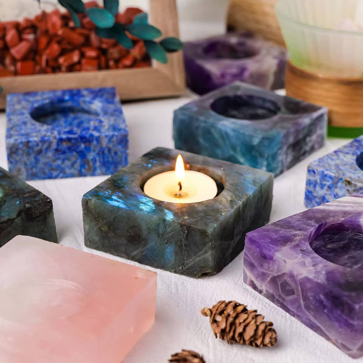 Square Crystal Candle Holder: Rainbow Fluorite
